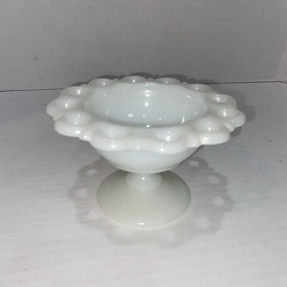 Vintage Anchor Hocking Lace Edge Milk Glass Compote Pedestal Candy Dish Bowl